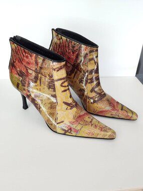 Patent stiletto graffiti print ankle boots